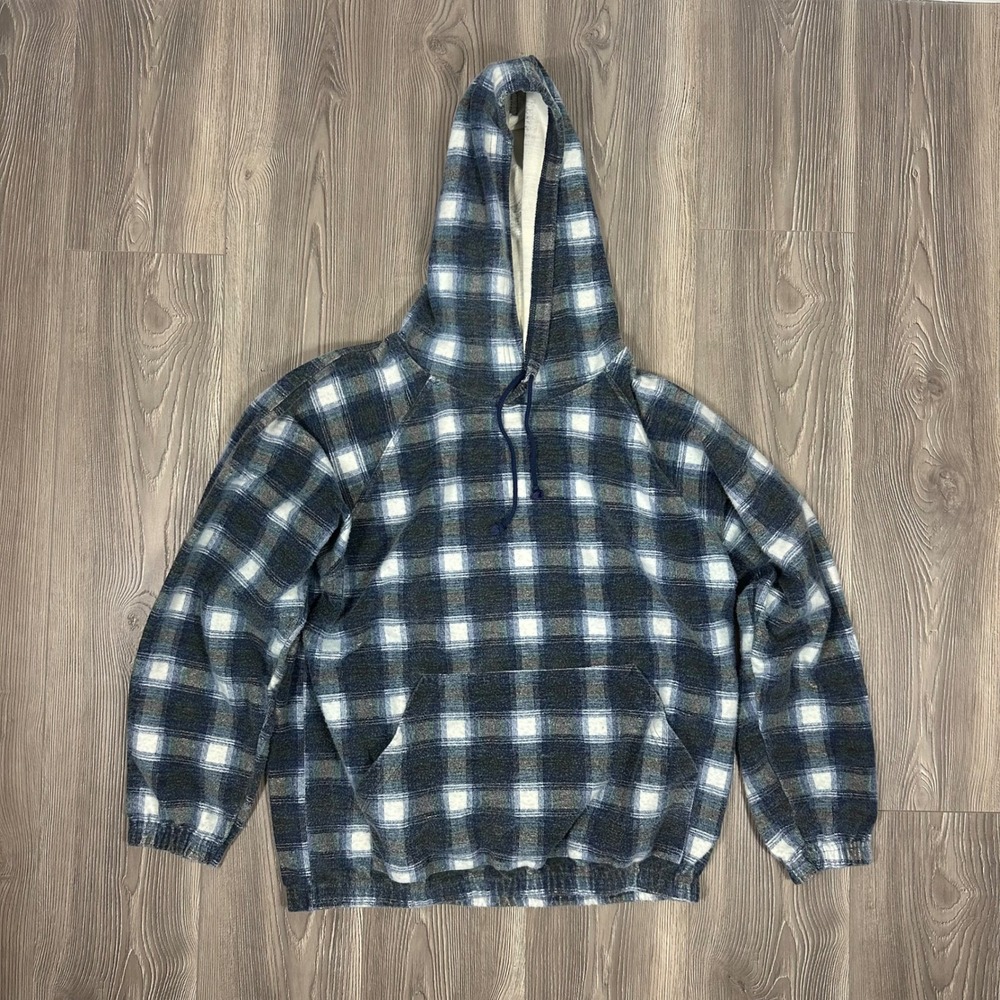 Vintage Blue Plaid Flannel Hoodie Sweatshirt - SIZE L Fall Winter - Picture 2 of 6